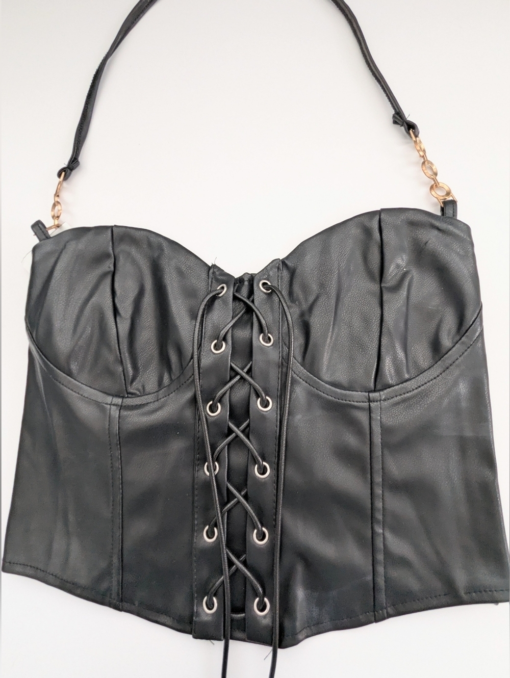 Women's (Large) Edgy Black Faux-Leather Lace-up Bustier/Corset w/Elastic Back
